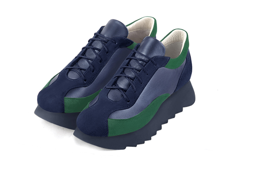 Navy blue and emerald green women's elegant sneakers. Round toe. Low rubber soles. Front view - Florence KOOIJMAN